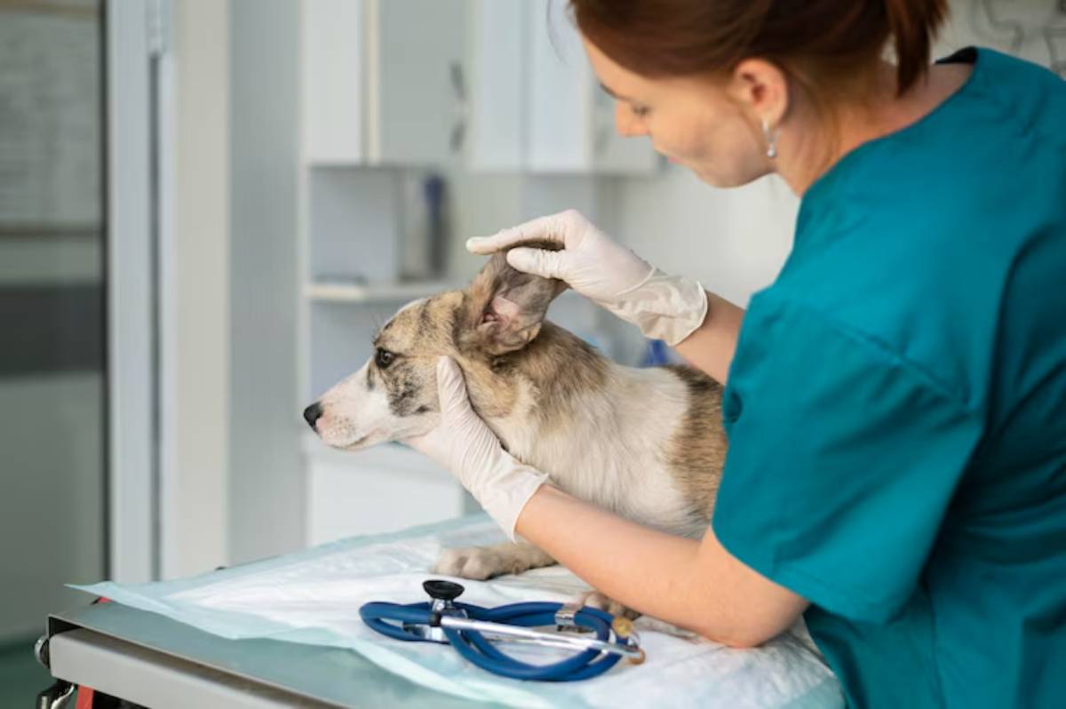 A veterinarian examines a dog's ear while wearing gloves, with a stethoscope and medical tools on a table nearby. 