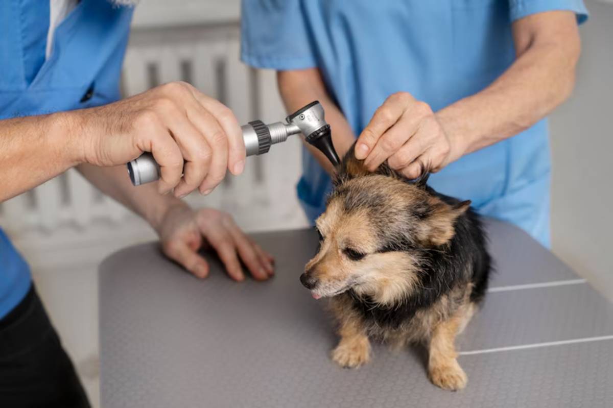 A small dog is being examined by two veterinarians using an otoscope, showcasing a caring and professional veterinary environment.