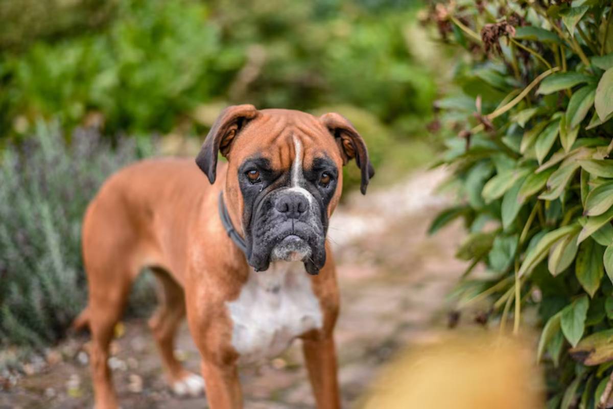 A Boxer dog stands amidst greenery, looking attentively at the camera with a serious expression. 
