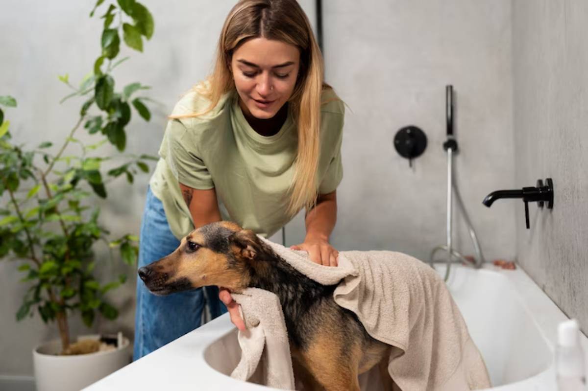 A person gently bathes a dog in a stylish bathroom, draping a towel around the wet pet amidst green plants.