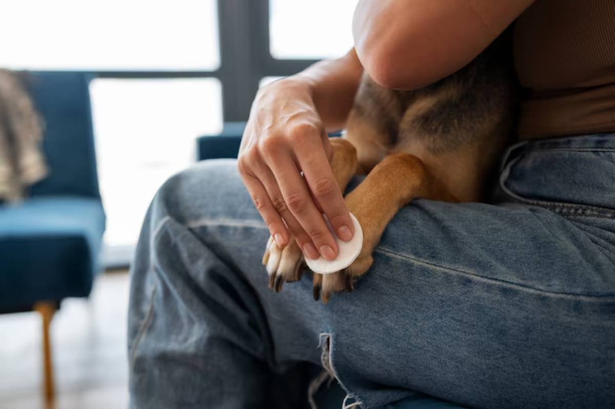 A person gently cleans a dog's paw with a cotton pad while seated on a couch, showcasing a moment of care and companionship. 