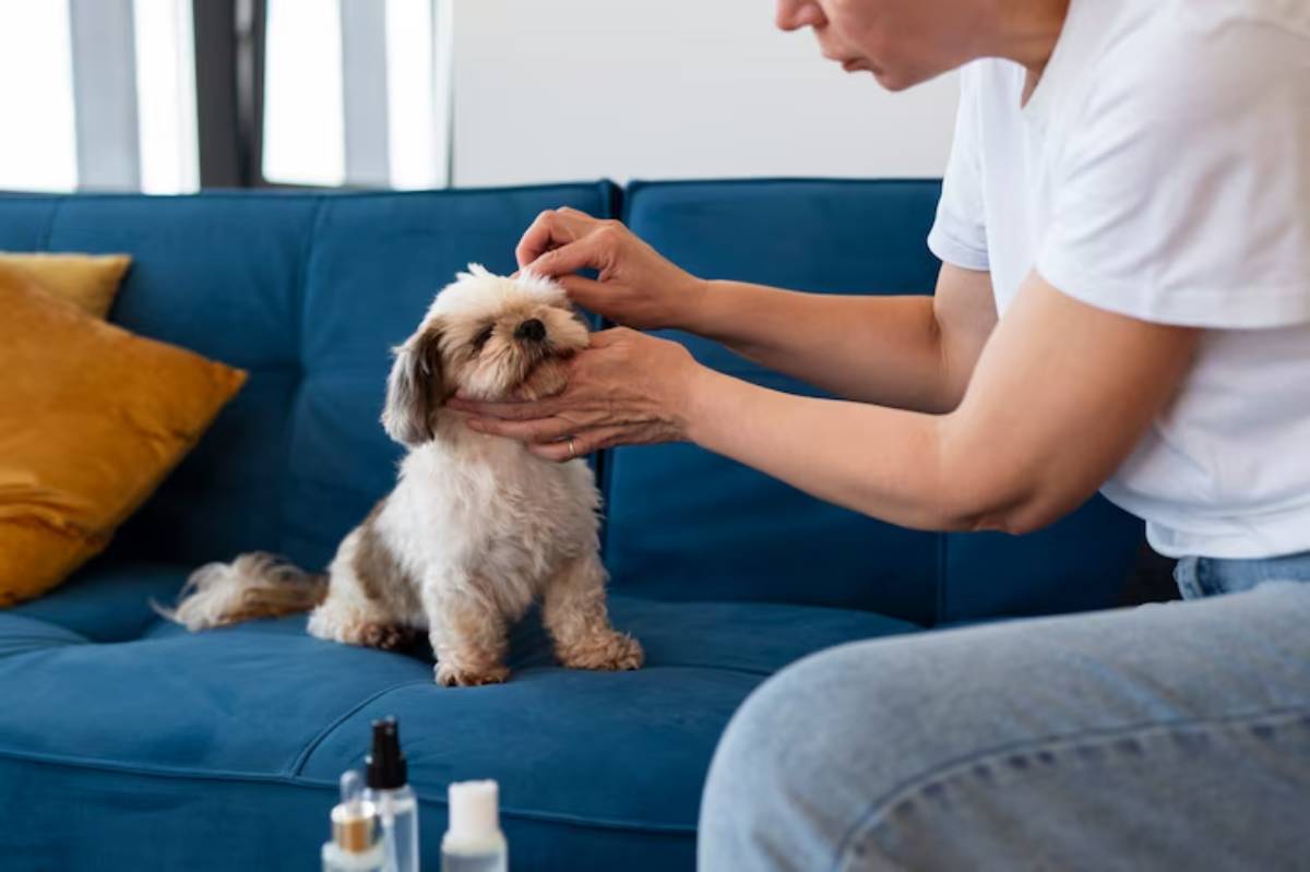  A person gently grooming a small Shih Tzu on a blue couch, surrounded by grooming products, with a cozy interior backdrop.