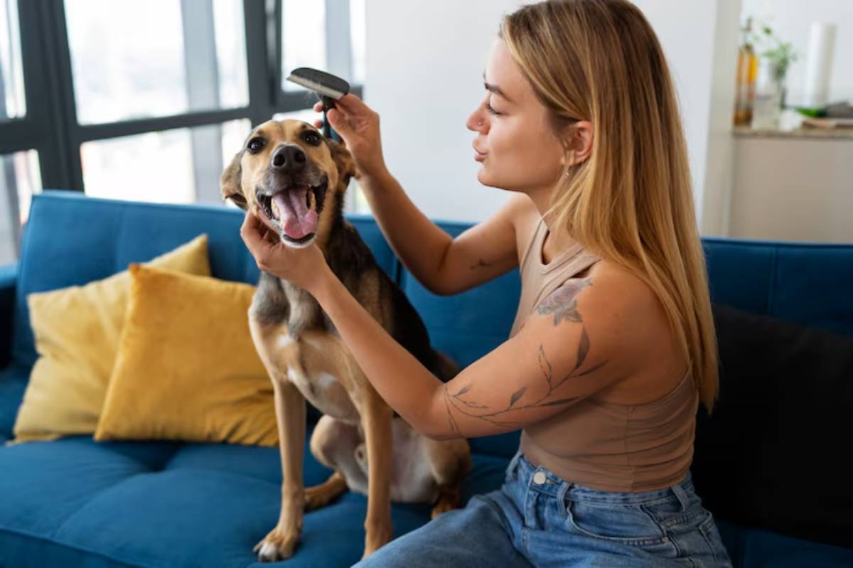  A person brushes a happy dog on a teal couch, surrounded by colorful pillows and soft natural light.