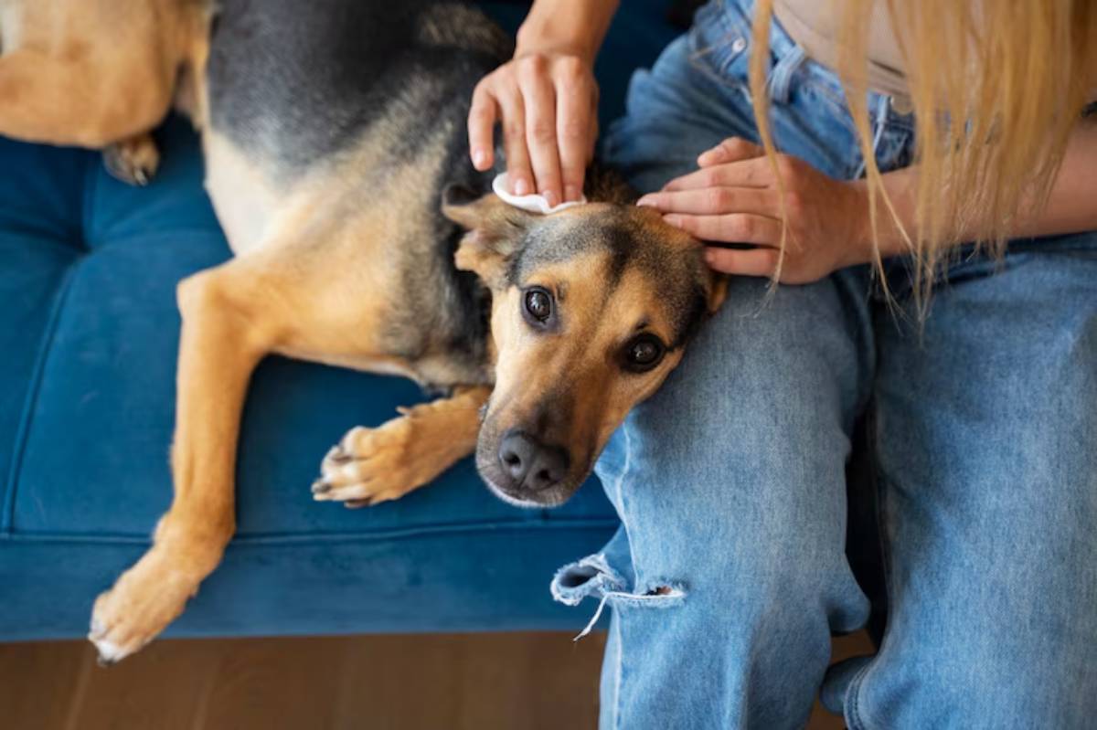A dog relaxes on a blue couch while being gently groomed by a person, highlighting their bond and care. 