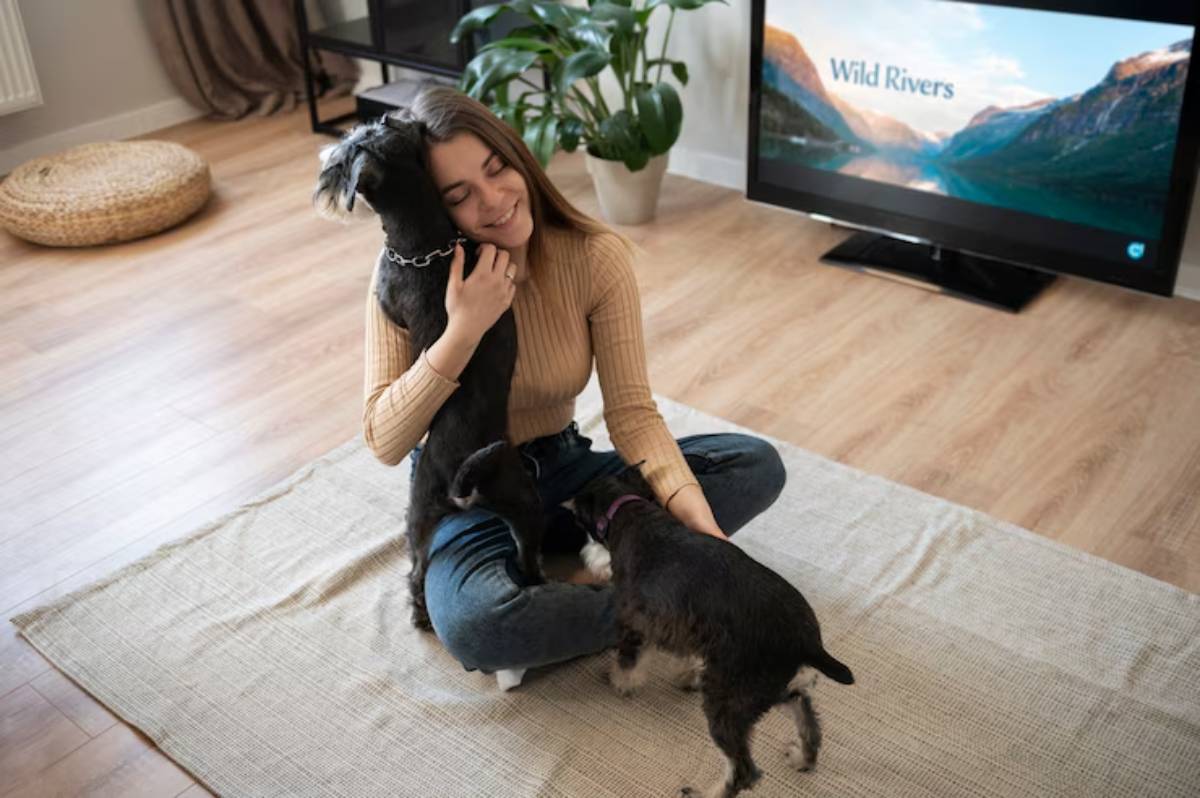 A person sitting cross-legged on a rug, happily surrounded by two playful dogs in a cozy living room. A TV displays Wild Rivers.